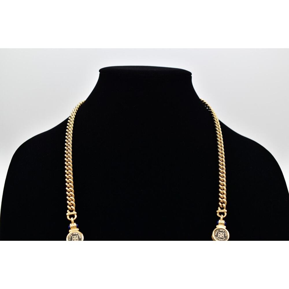 Givenchy Vintage Logo Coin Necklace Blue Cabochon Gold Station Chain 1980s BinBJ - Picture 3 of 12